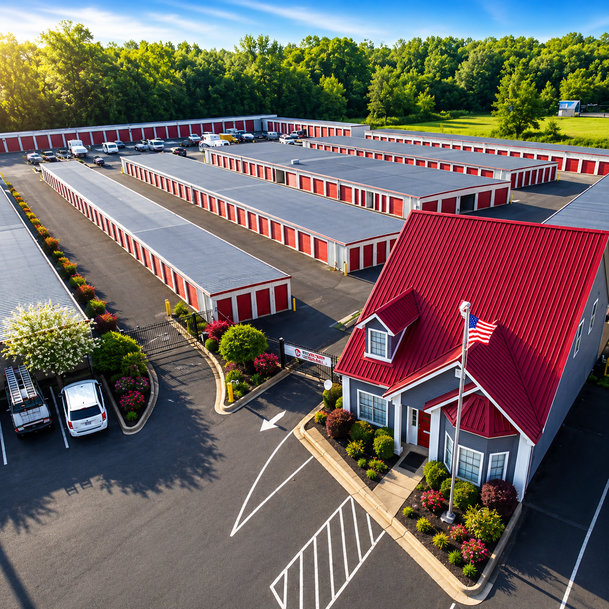 Aerial drone view of Modern Storage® Maumelle featuring drive-up storage buildings, red roofs, landscaped grounds, and parking areas.